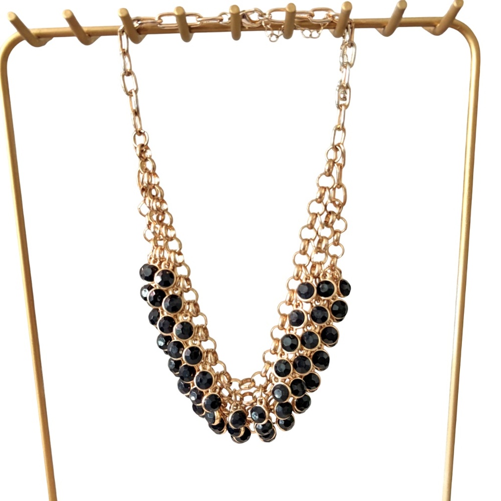 Statement Bib Necklace – Gold Chain with Black Faceted Stones / Like New